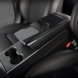 Armrest Box Cover For Tesla Model 3 (Highland) in glossy carbon fibre ABS protecting the centre console armrest.