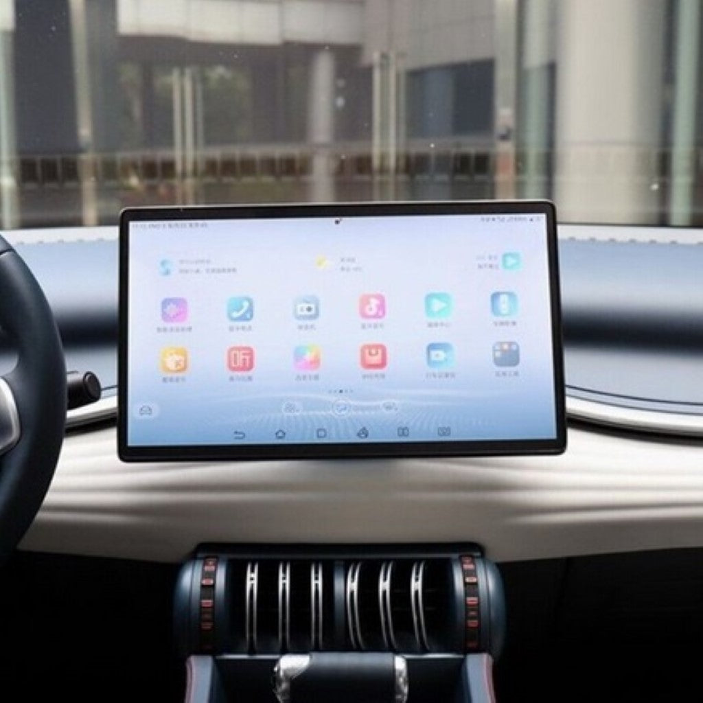 BYD ATTO 3 Tempered Glass Navigation Screen Protector fitted on electric vehicle dashboard display.