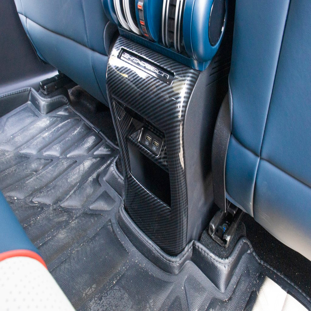 BYD ATTO 3 Rear Air Condition Vent Outlet Cover in carbon fibre look installed protecting rear AC vent.