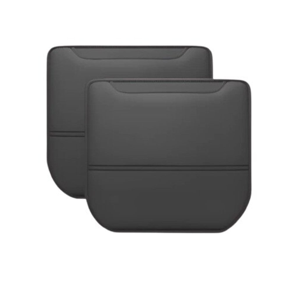 Pair of black anti-kick mats designed to protect car seat backs from dirt and damage in electric vehicles