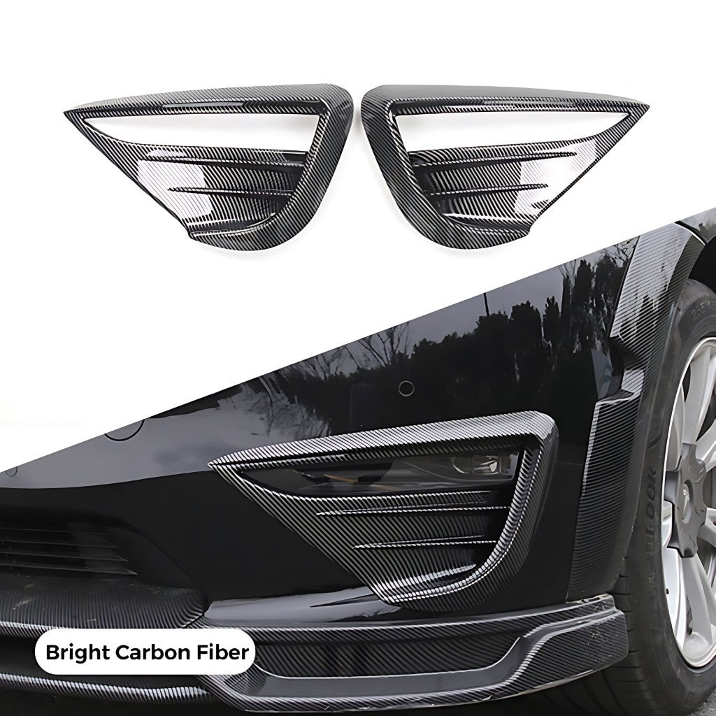 Tesla Model Y Front Fog Light Trim Covers in bright carbon fibre for sleek, durable front fog light protection and style.
