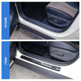 BYD Dolphin Outer Door Sill Guards installed, showing custom fit carbon finish protecting door sill from scratches.
