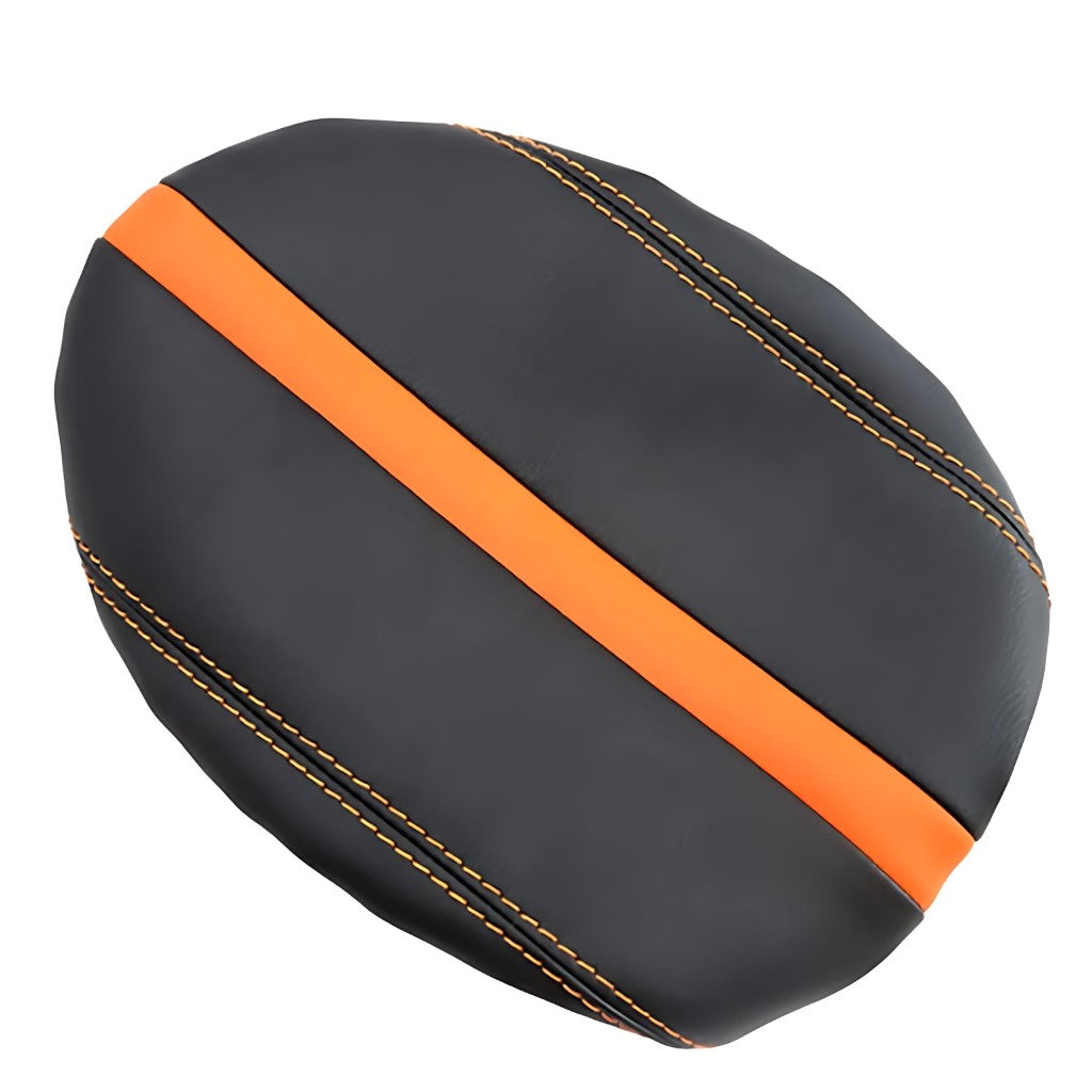 MG4 Armrest Box Cover in black artificial leather with orange stripe and stitching for electric vehicle armrest protection.