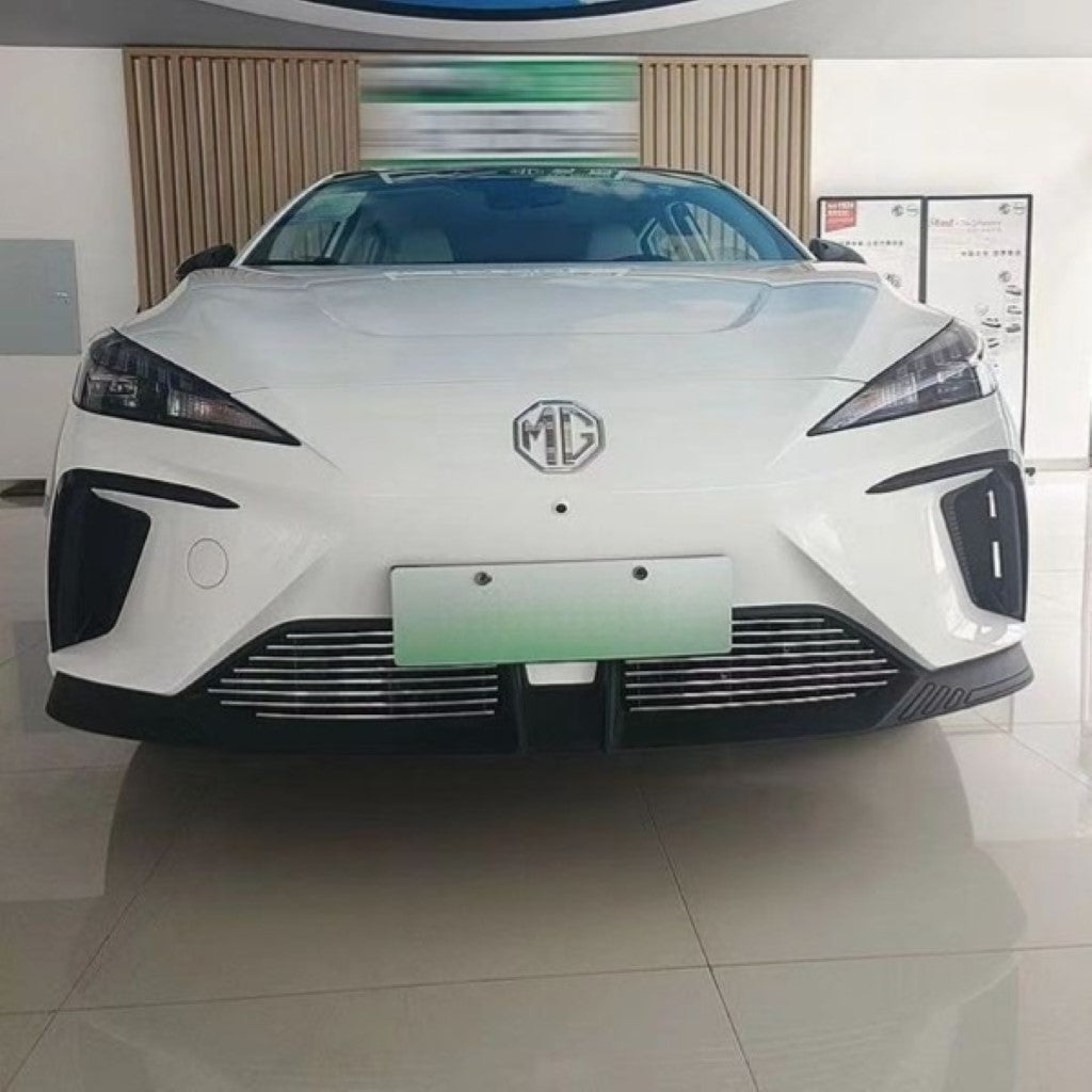 MG4 Front Lower Bumper Grille Cover installed on white MG4 electric vehicle, showcasing durable mesh and perfect fit.