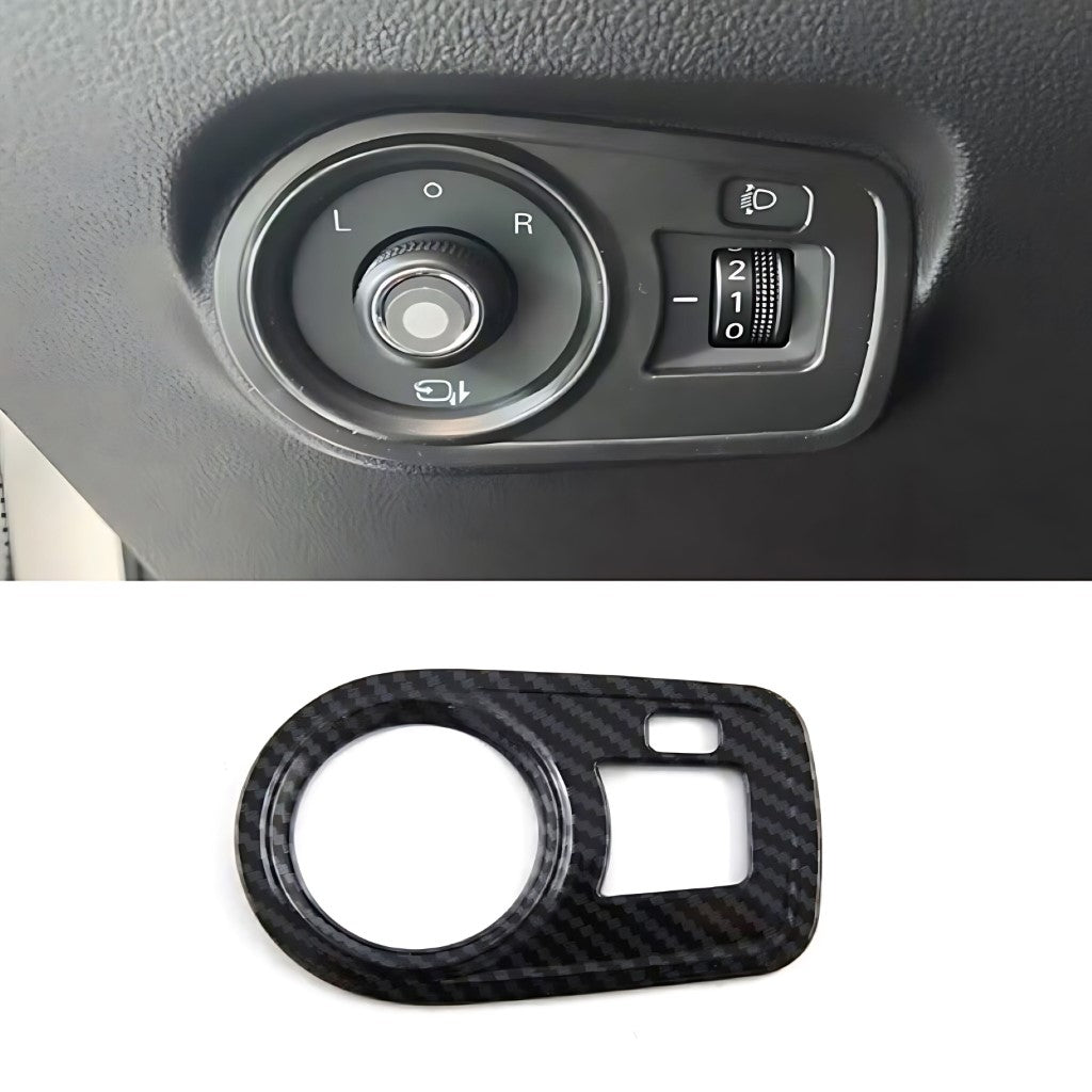 MG4 Headlight Switches Trim Cover in black carbon fibre style, custom fit for headlight height adjustment controls.