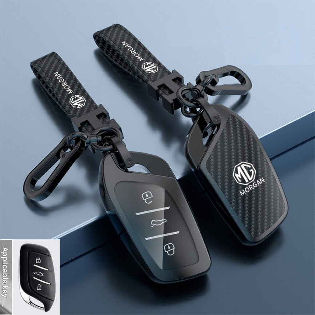 MG4 Key Case in carbon fibre design with premium zinc alloy, tailored for MG4 keys, offering protection and organised key holding.