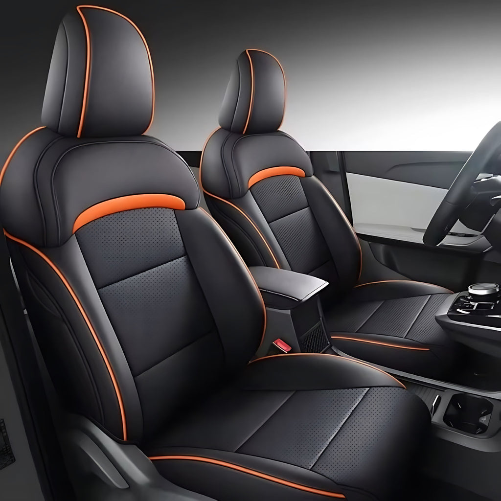 MG4 Full Set Leather Seat Covers in black with orange accents, fitted on front seats, designed for electric vehicles.