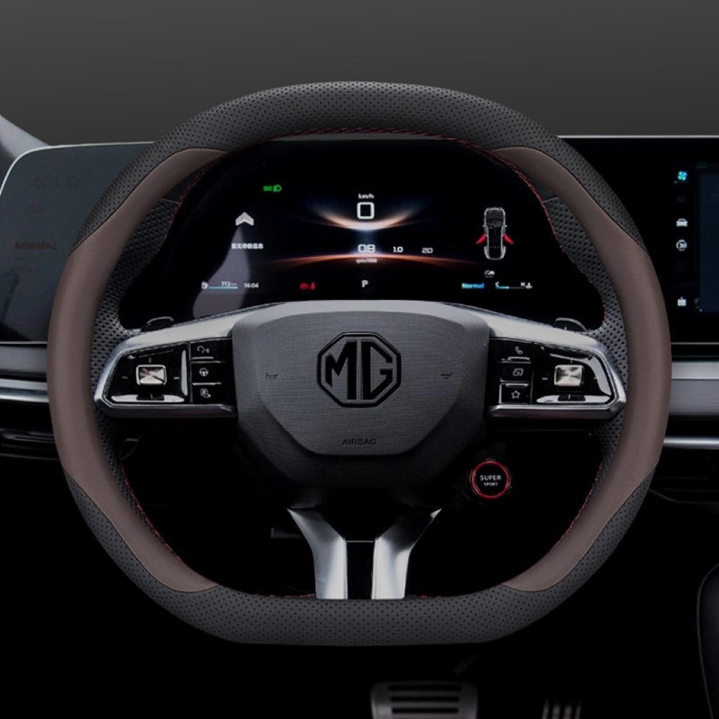 MG4 Steering Wheel Cover in black and brown Nappa leather fitted on MG4 electric vehicle steering wheel.