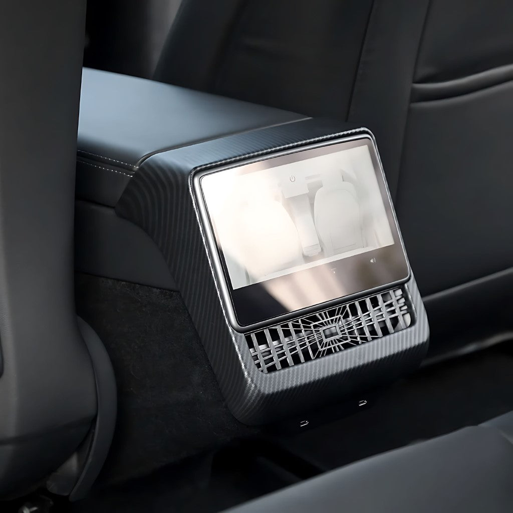Rear Air Vent Frame Protector for Tesla Model 3 Highland shown installed, enhancing rear air vent with durable, matt black ABS frame.