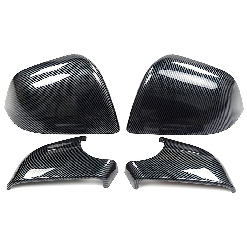 Tesla Model Y Rear View Mirror Trim Covers in glossy carbon fibre finish, custom fit and durable ABS plastic accessories.