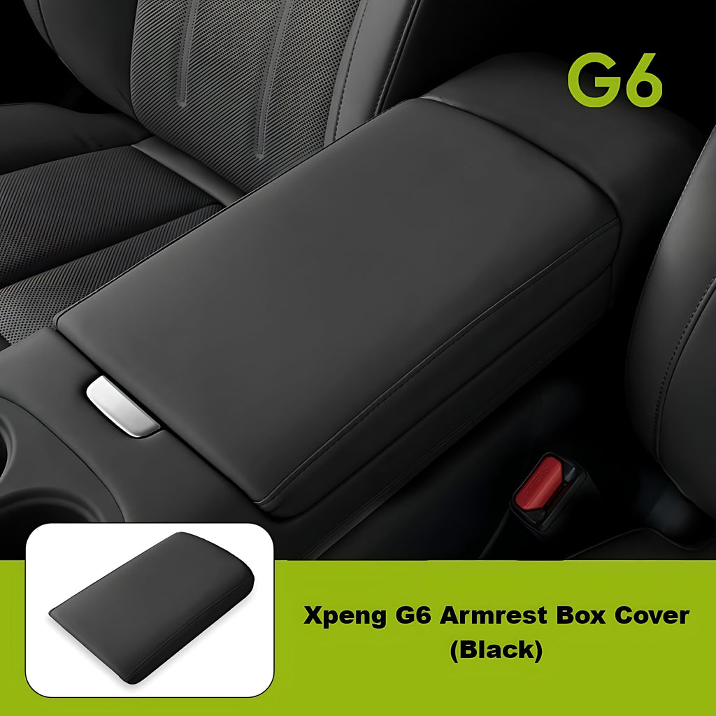 XPENG G6 Armrest Box Protective Cover in black leather, custom fit for XPENG G6 central armrest protection.