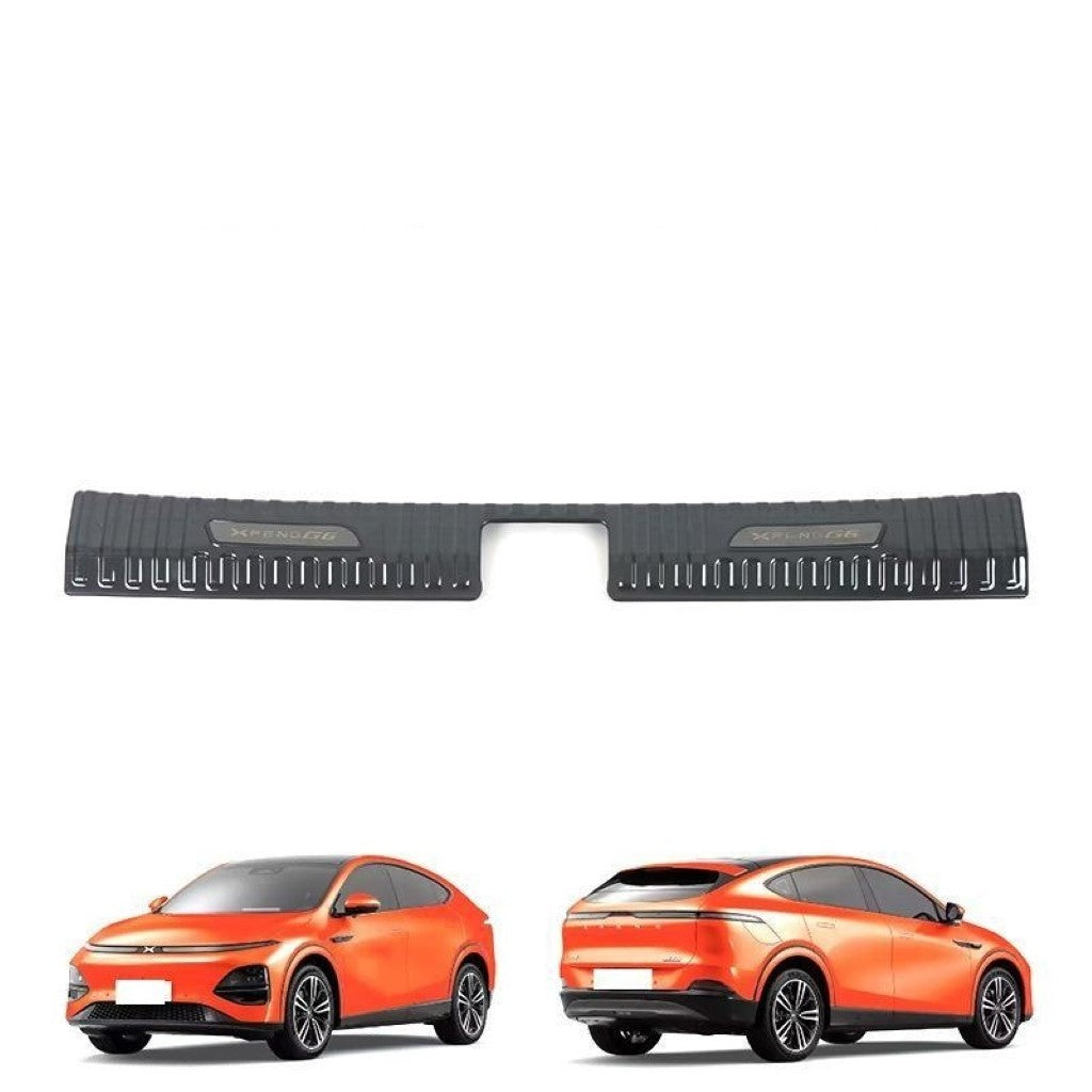 XPENG G6 Trunk Sill Protection Guards in stainless steel, custom fit for robust electric vehicle trunk protection.