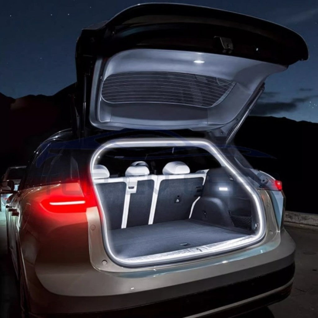 XPENG G6 LED Trunk Lights illuminating the boot interior with bright, automatic, waterproof silicone LED strip lighting at night.