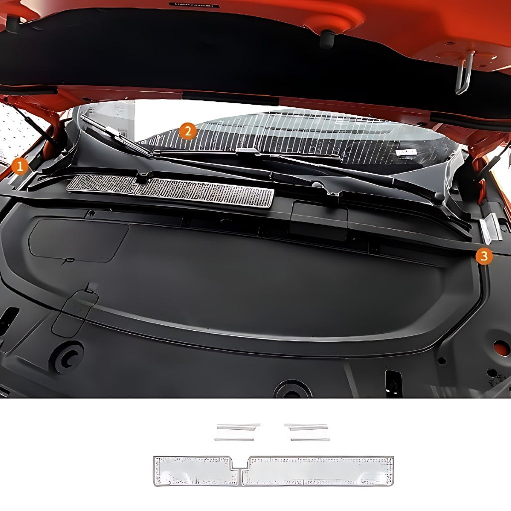 XPENG G6 Under Hood Air Intake Dust Cover installed, custom fit, durable stainless steel protective engine bay accessory.