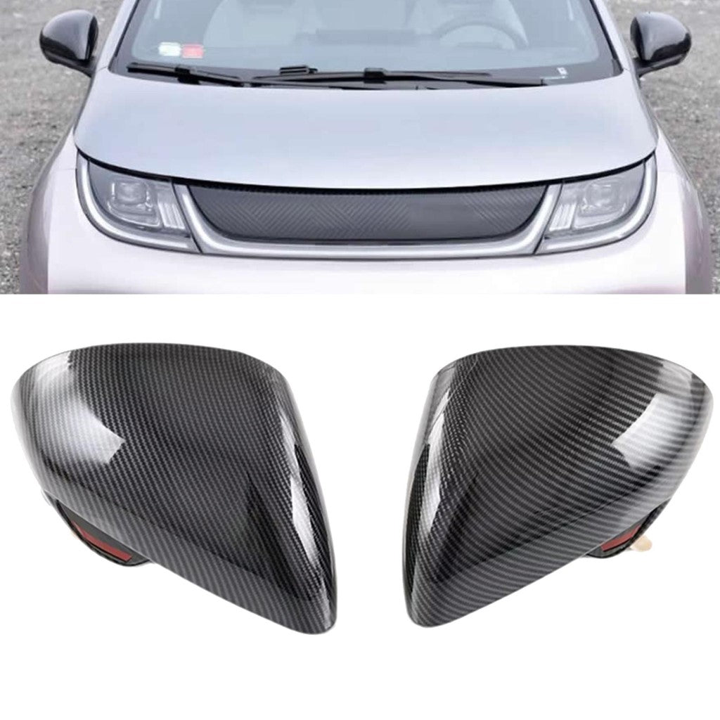 BYD Dolphin Side Mirror Covers in glossy carbon fibre look, durable ABS material, designed for precise electric vehicle fitment.