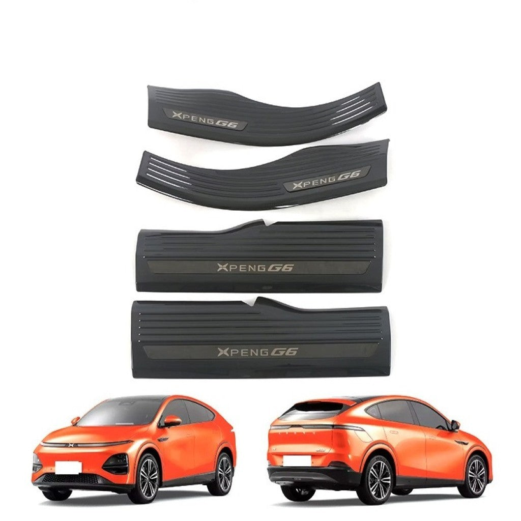 XPENG G6 Door Sill Guards set in black, custom fit for electric vehicle protection and stylish interior upgrade.