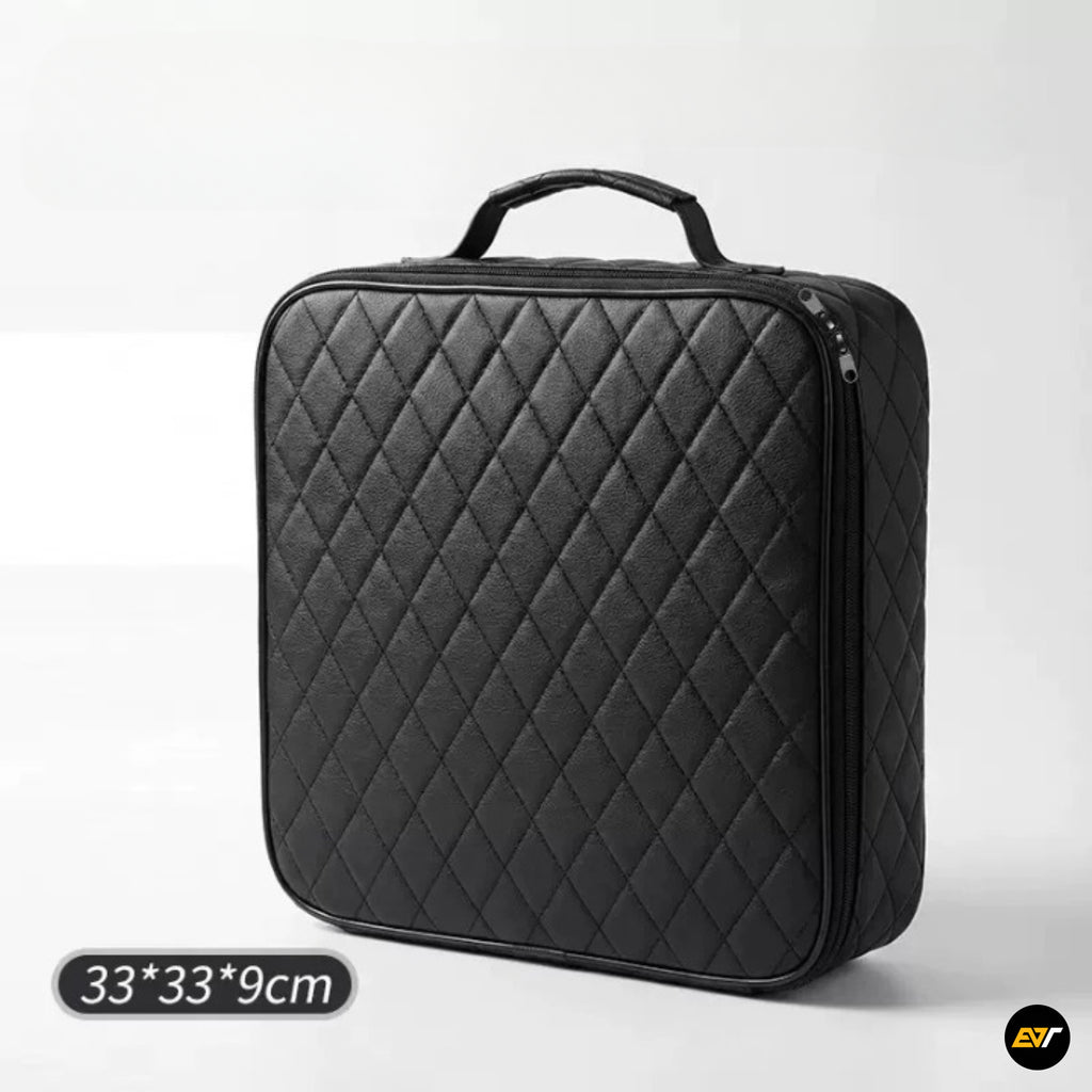 Black quilted storage case with carry handle and zip closure, measuring 33 by 33 by 9 centimetres