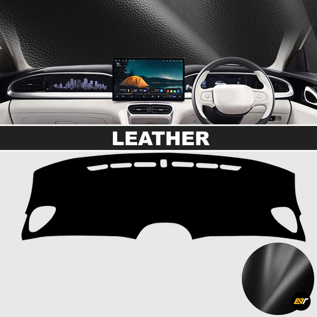 Black leather dashboard cover shown fitted inside a modern car, with cutouts for vents and display screen വ്യക്തമാക്കി