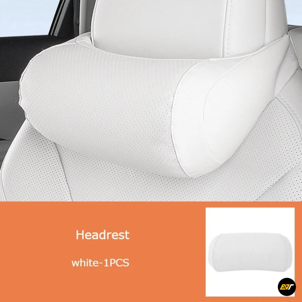White perforated car seat headrest accessory shown fitted to a vehicle seat, single piece