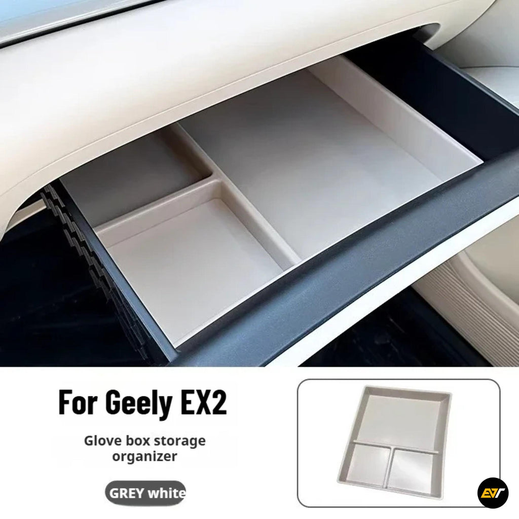 Grey and white glove box storage organiser shown inside a Geely EX2 dashboard compartment