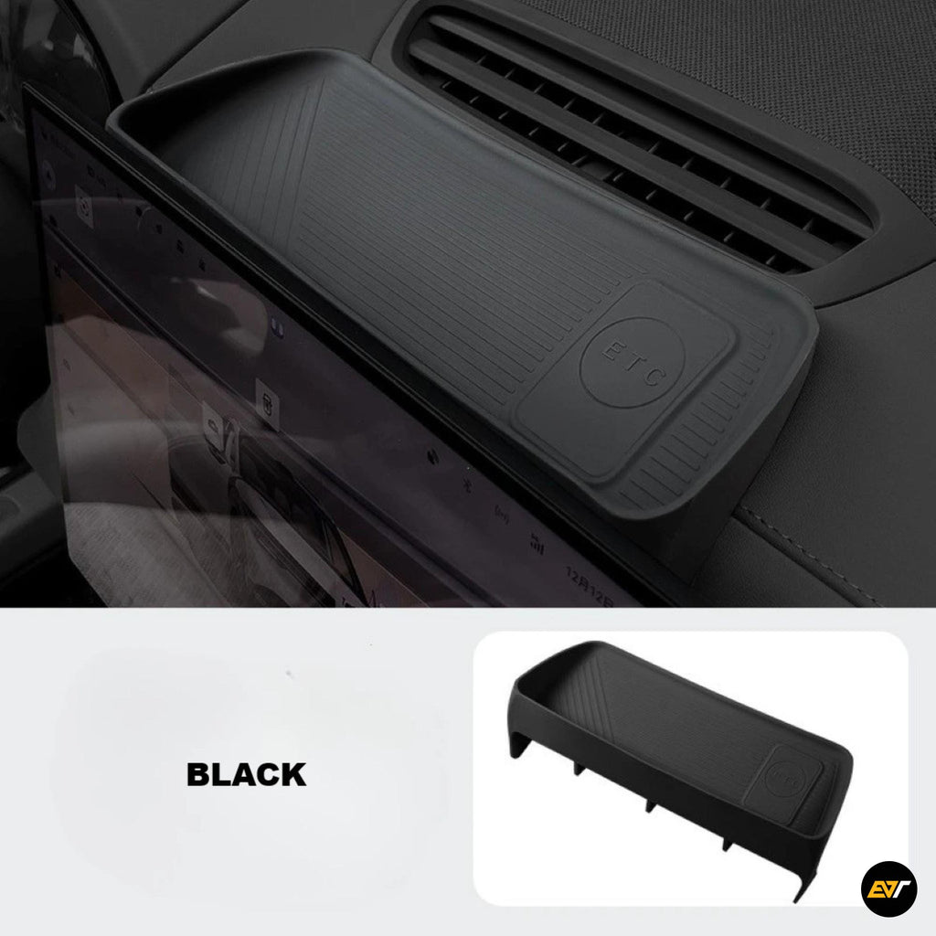 Black rubberised storage tray designed for dashboard use in electric vehicles, fitting behind navigation screens for Zeekr 7X