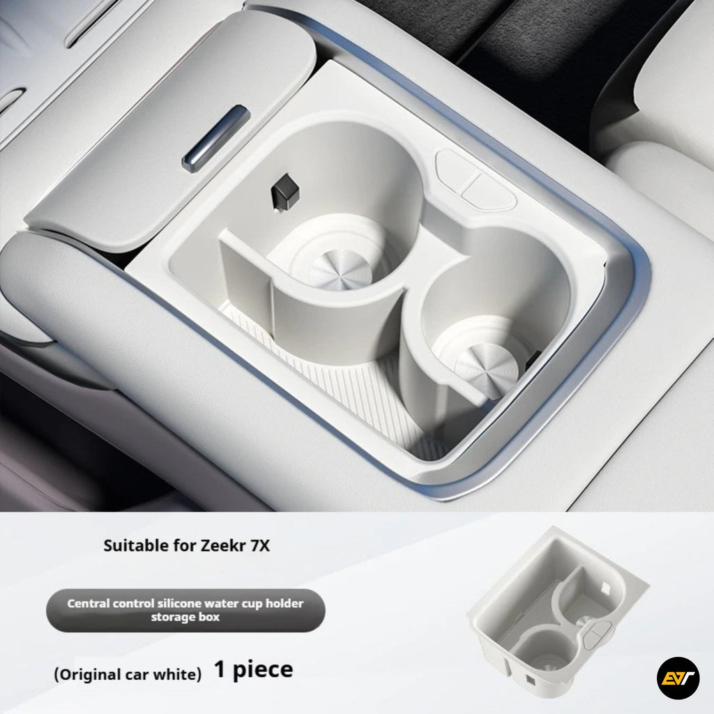 Original white silicone cup holder insert for Zeekr 7X centre console with dual compartments and anti-slip design.