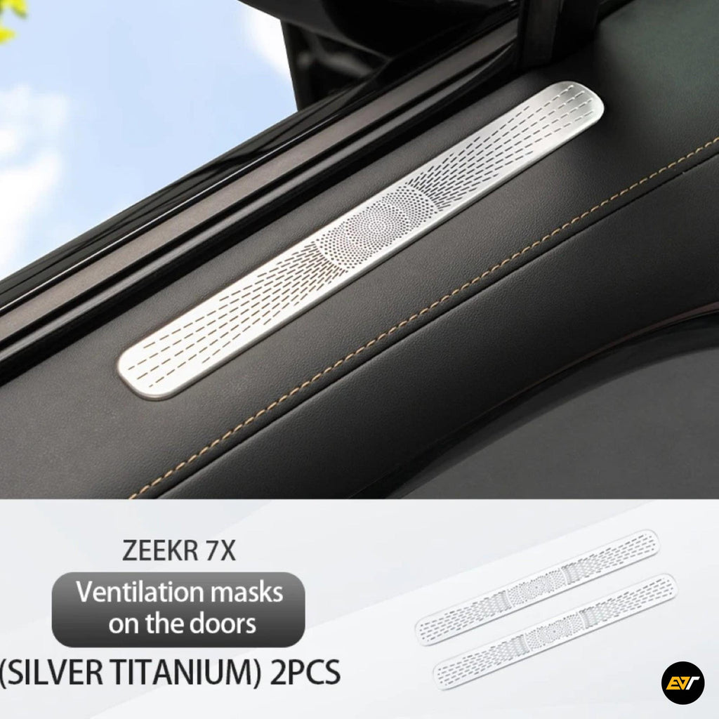 Silver titanium door air vent protection cover installed on car door interior panel with stitching detail