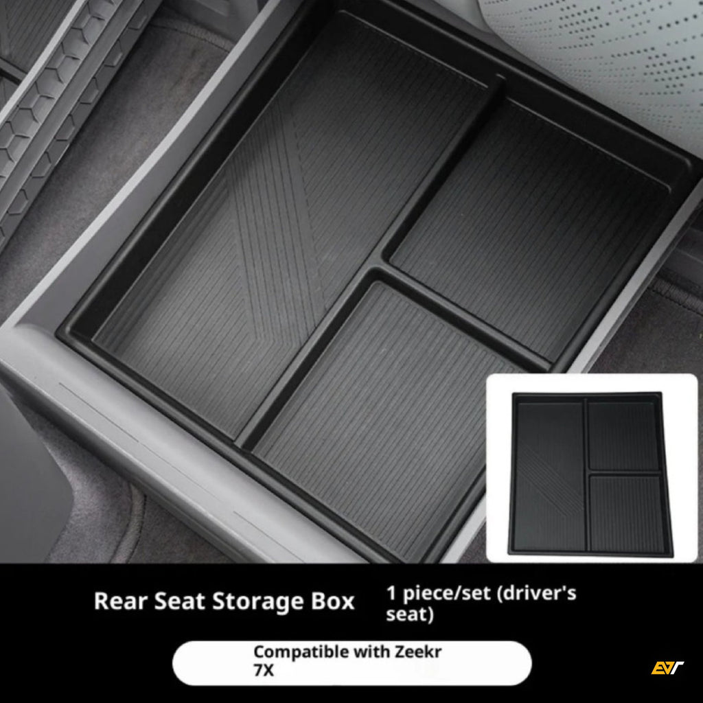Black under-seat rear seat storage organiser box for Zeekr 7X electric vehicle driver’s seat compartment