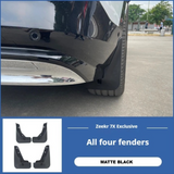 Zeekr 7X Exclusive matte black mud flaps shown fitted to the vehicle, with all four fender guards displayed below