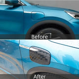 BYD ATTO 3 Charging Port Protection Cover installed on blue electric vehicle with carbon fibre finish before and after view