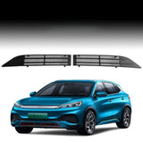 BYD ATTO 3 Front Mesh Grille Cover in black ABS plastic shown above a blue BYD ATTO 3 electric vehicle