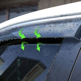MG4 Rain Visor Windshield Guard installed on car window with rain droplets, showing ventilation arrows and weather protection.