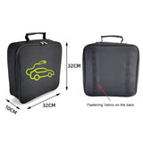 The dimensions of a black luggage bag with a car on it can be used as an EV Charging Cable Storage Bag.