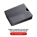 Hidden Tesla Model 3/Y Magnetic Armrest Hidden Storage Box provides convenience and hidden storage for organization in a matte black color, specifically designed for Tesla Model Y.