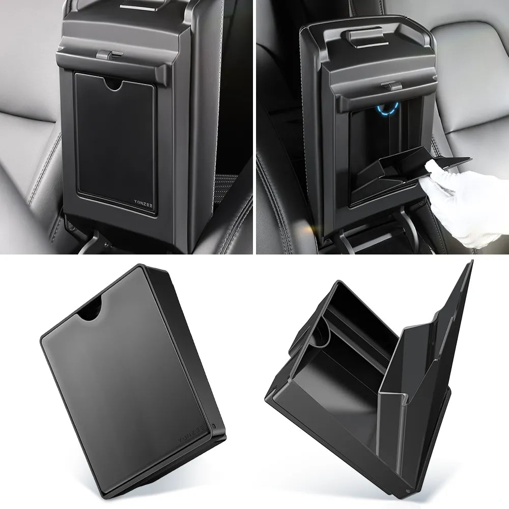 A Tesla Model 3/Y Magnetic Armrest Hidden Storage Box with hidden storage for convenience and organisation.