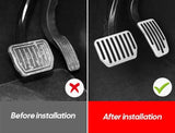 A pair of pictures showing the easy installation process of Tesla Model 3/Y Anti Slip Foot Pedal Pads on a Tesla Model 3/Y.