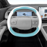 XPENG G6 Anti Slip Leather Steering Wheel Covers in white and blue, custom fit for XPENG G6 electric vehicle interior.