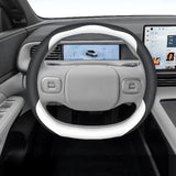 XPENG G6 Anti Slip Leather Steering Wheel Covers fitted on electric vehicle steering wheel, black and white Nappa leather