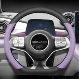 BYD Dolphin Steering Wheel Cover in black and purple PU leather, custom fit for enhanced grip and protection.
