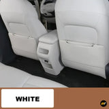 White car rear seat covers with integrated storage pockets and a central armrest console in a clean white finish