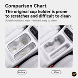 Before and after comparison of a car centre console cup holder, showing a stained original holder and a clean replacement insert