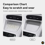 Before and after comparison of a car centre console tray, showing a marked surface and a clean fitted protective liner