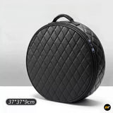 Black round quilted carrying case with a secure zip closure and top handle, suitable for storing electric vehicle accessories