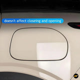 Close up of a white vehicle body panel with a black outlined access flap and text stating it does not affect closing and opening