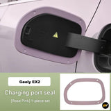 Geely EX2 rose pink charging port seal shown fitted to an electric vehicle with matching replacement seal
