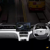 Futuristic electric vehicle interior with right-hand drive, digital dashboard display, white steering wheel and modern centre console