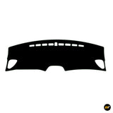 Black vehicle dashboard cover with curved edge, ventilation slots and side cut-outs on a white background
