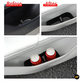 Before and after vehicle door pocket comparison showing two drink cans held in a grey door storage compartment