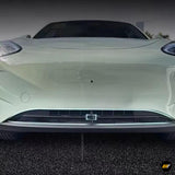 Front view of a sleek electric vehicle showing its grille, emblem, headlights and smooth pale green bonnet