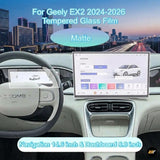 Matte tempered glass film for Geely EX2 2024 to 2026, covering 14.6 inch navigation and 8.8 inch dashboard screens